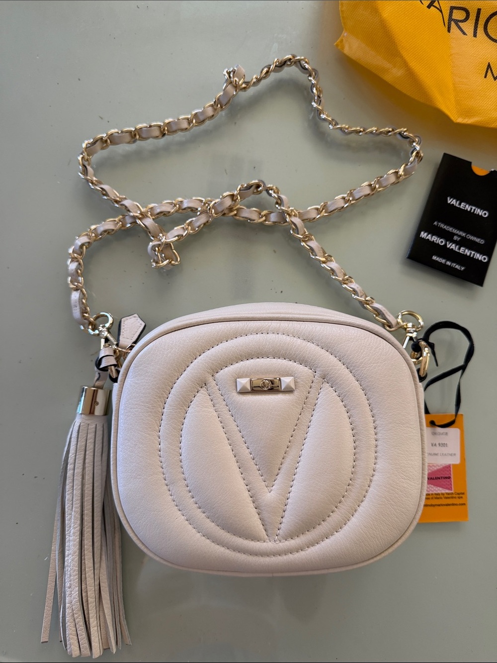 Valentino Garavani Cream Leather Quilted V Crossbody with Tassel
